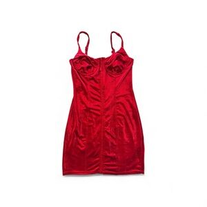 Blanc Corset Femme Fatale Silhouette Elegant Hot Red Velvet Velour Dress Large